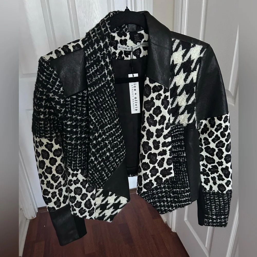 NWT Alice + Olivia Harvey Leather Patchwork Draped Lapel Blazer Jacket M - Picture 14 of 17